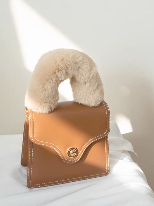 Handmade Faux Fur Fluffy Handbag Handle Shoulder Straps Wrap with Magnetic Closure